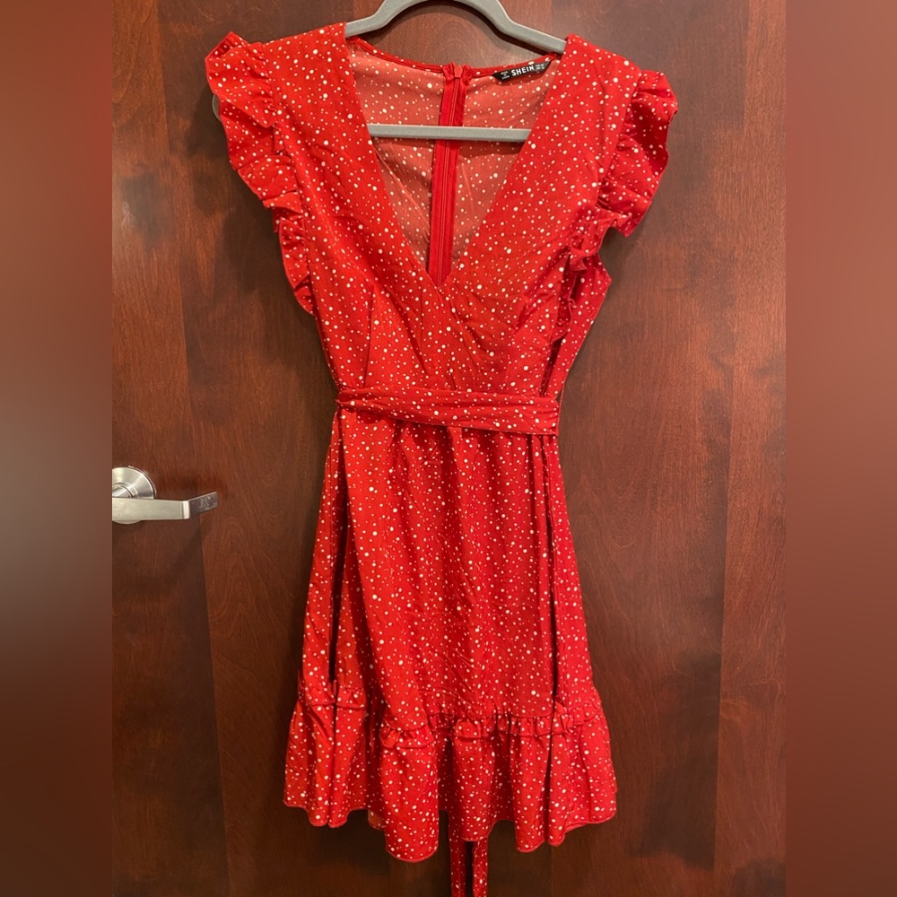 Red dress with white polka dots